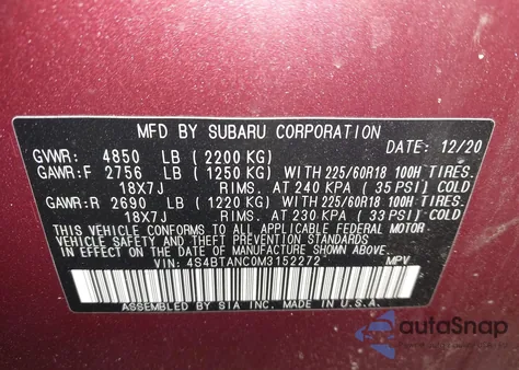 2021 Subaru Outback Limited from USA, damaged, VIN 4S4BTANC0M3152272
